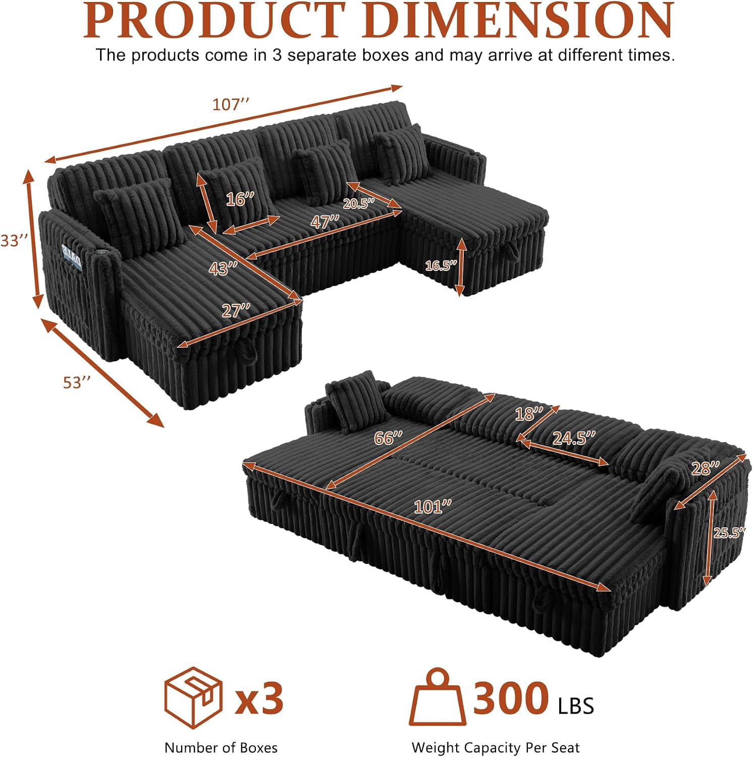 Howcool 107" U Shaped Sectional Sleeper Sofa, Pull Out Couch with Storage Chaise, Adjustable Backrest, USB Charger, Cup Holders & Side Pockets, Corduroy Sofa Bed for Living Room, Black