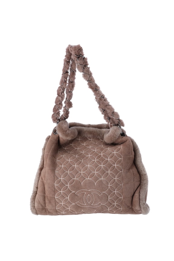 Pre-Owned Chanel Chocolate Bar Shearling Suede Stitched CC Tote Dark Brown