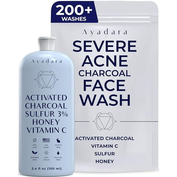 Ayadara Acne Face Wash with Charcoal & Sulfur, Cystic & Hormonal Acne Cleanser, 8 fl oz, 200 Uses