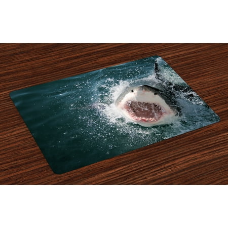 Shark Placemats Set of 4 Wild Animal in the Sea Attacking Showing the Mouth and Teeth Scary Print, Washable Fabric Place Mats for Dining Room Kitchen Table Decor,Petrol Blue Grey White, by (Best Place To Find Shark Teeth In Florida)