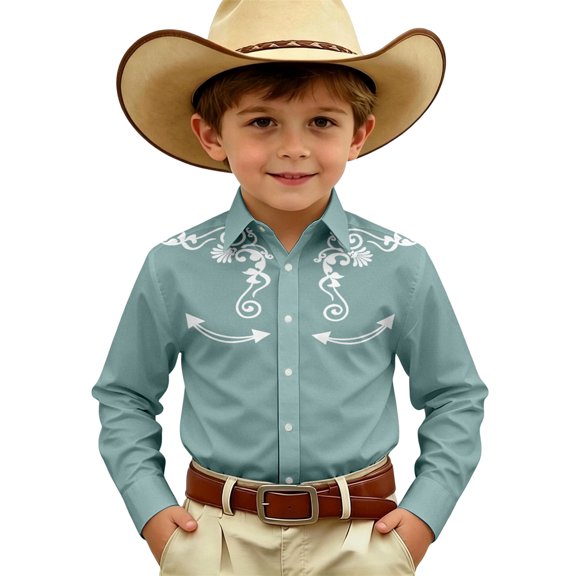 BOOMNY Toddler Boys Western Cowboy Shirts Long Sleeve Lapel Embroidery Buttons Shirts for Boy Soft Dailywear