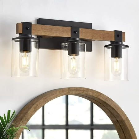 

Vanity Light 4-Light Rustic Bathroom Light Fixtures Over Mirror with Clear Glass Shade Black Matte Bathroom Light Vintage Farmhouse Vanity Lights for Bathroom(Wood 4 Light)