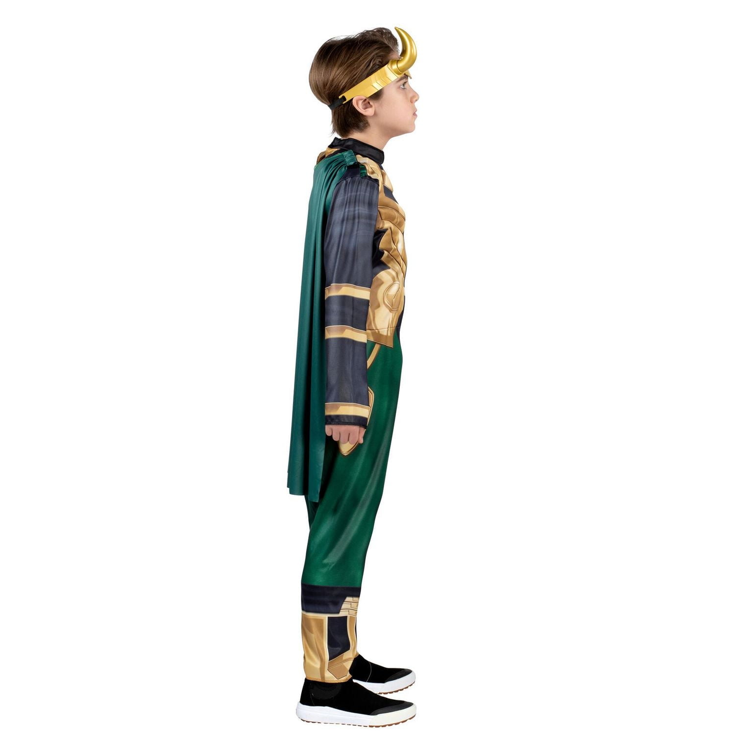 MARVEL Youth Loki Costume - Padded Jumpsuit, Detachable Cape, and 3D Plastic Headpiece