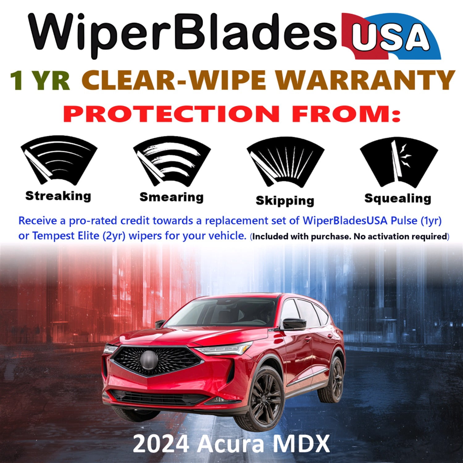 2024 Acura MDX Beam Wiper Blades Wipers w/1yr Warranty (Set of 3) w/Rear Wiper (WiperBladesUSA)