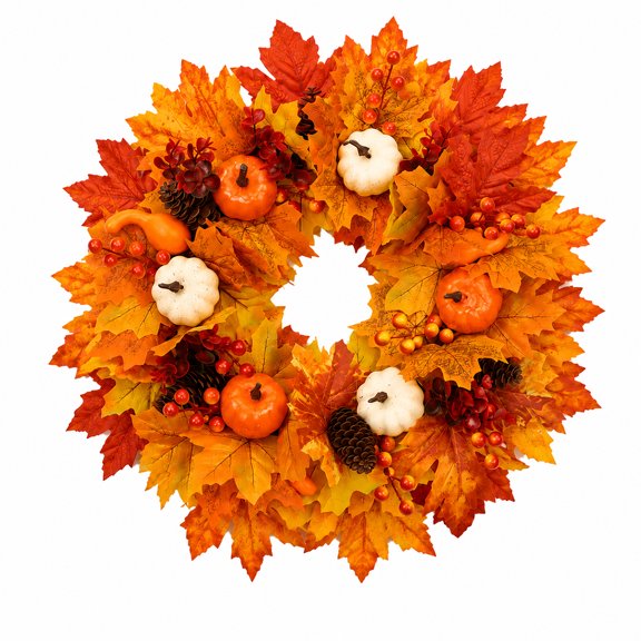 Fall Wreath, Fall Wreath with Maple Pumpkin,18 inch Autumn  Sign Wreaths for Front Porch Home Decor Thanksgiving Decorations