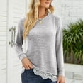 thumbnail image 2 of Long-Sleeve Lace-Trimmed Sweater with Round Neck and Side Pockets, Light Gray, Size S - Stylish Women's Casual Top, 2 of 6