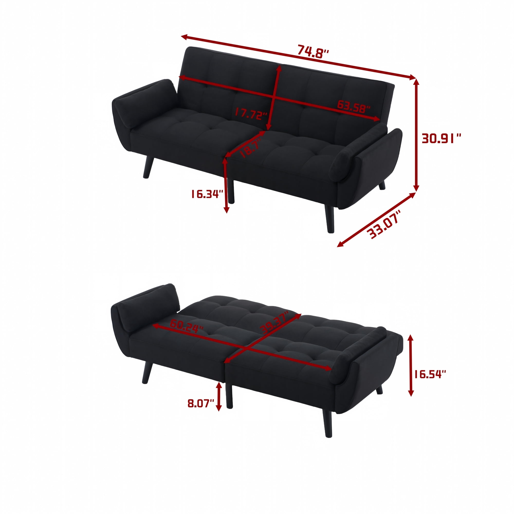 BSHTI 74.8" Linen Convertible Futon Sofa Bed with Split Back & 3-Position Adjustment, Tufted Design, Flared Arms, for Living Room & Guest Room( Black)