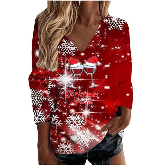 Pompotops Blouse de Noël à Manches Longues Col en V Imprimé Flocon de Neige Mode Décontractée pour Femmes