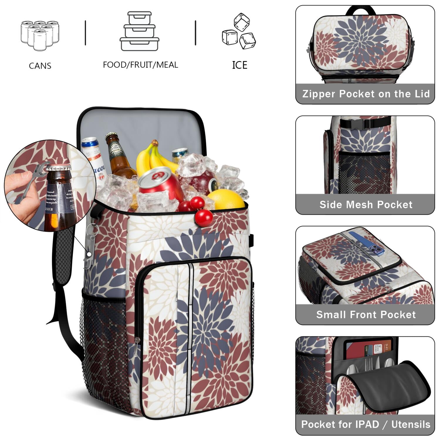 Travel Cooler Bag - Boho Bohemia Pioneer Flower Art Camping Beer Cooler Backpack with Bottle Opener- Waterproof Insulated Picnic Backpacks - Cooler Bag for Beach