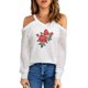 thumbnail image 3 of ABPHQTO Top con hombros descubiertos y mangas a rayas transparentes con gráfico de arce elegante de otoño blanco para mujer, 3 of 5