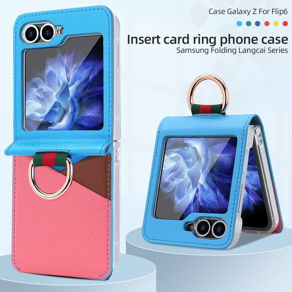 Fashion contrast color leather phone case for Samsung Galaxy Z flip 6 5 4 3 flip6 flip5 ring holder card slot folding cover