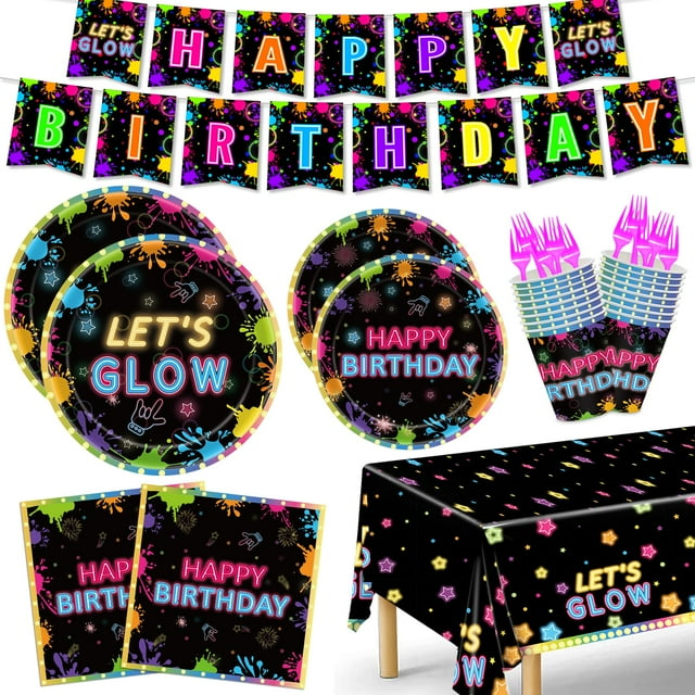 Set de decoración para fiestas Miucat Neon Birthday, 122 piezas, con mantel
