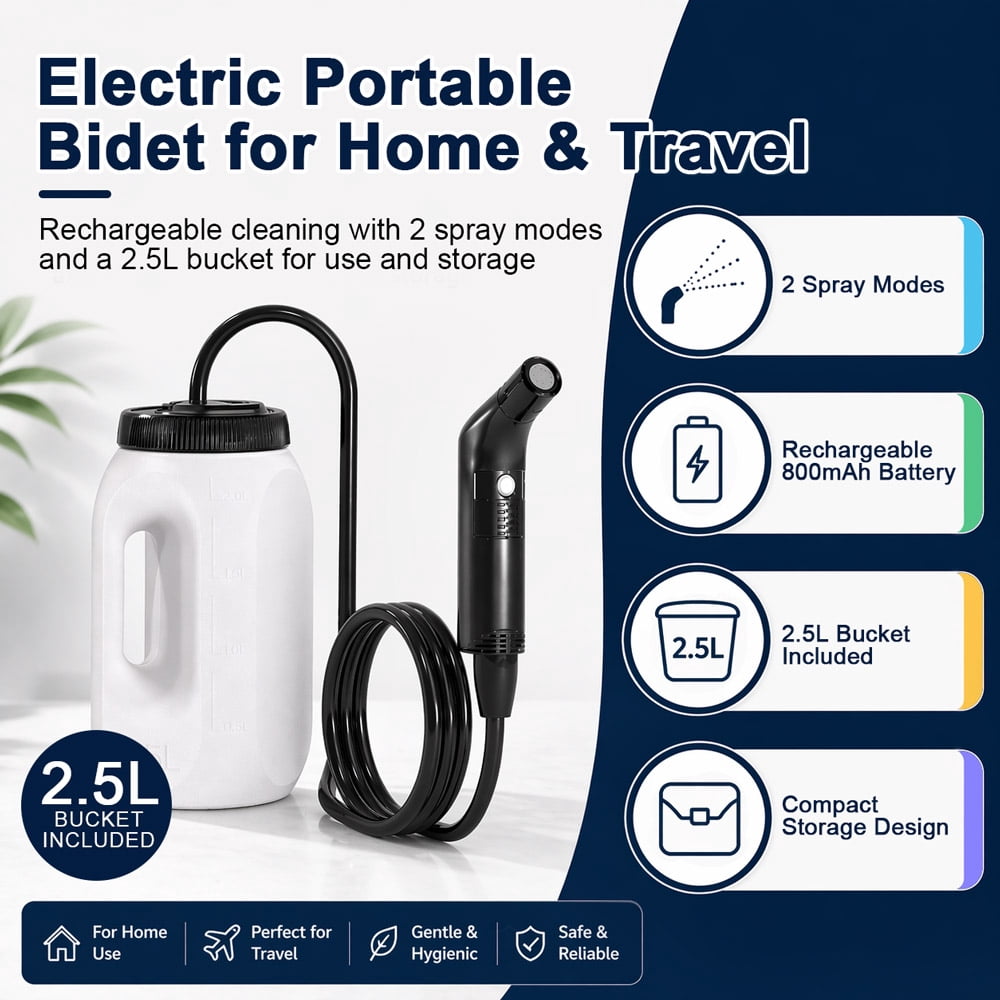 WOWER Portable Electric Bidet with 2.5L Bucket, Rechargeable Travel Bidet Sprayer with 2 Pressure Modes for Camping, RV, Baby Care and Personal Hygiene