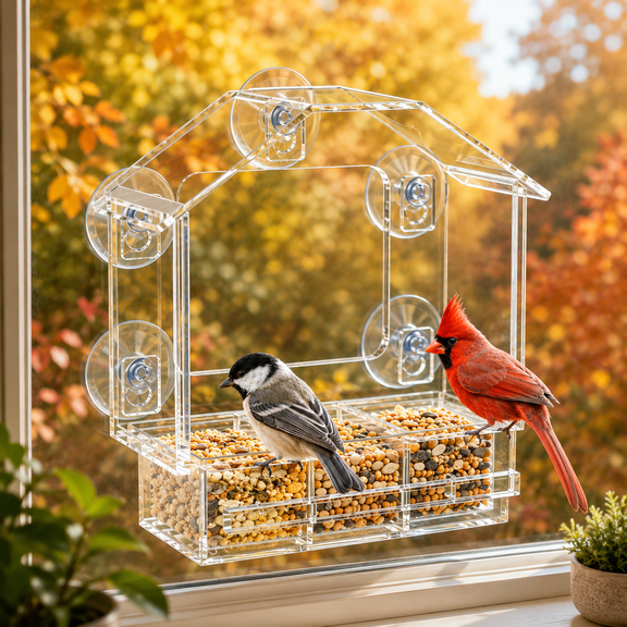 NIUBEE Window Bird Feeder for Outdoors, Acrylic Bird Feeder with Strong Suction Cups, Slide-out Tray for Easy Seed Filling, Removable Seed Tray with Drain Holes, Clear