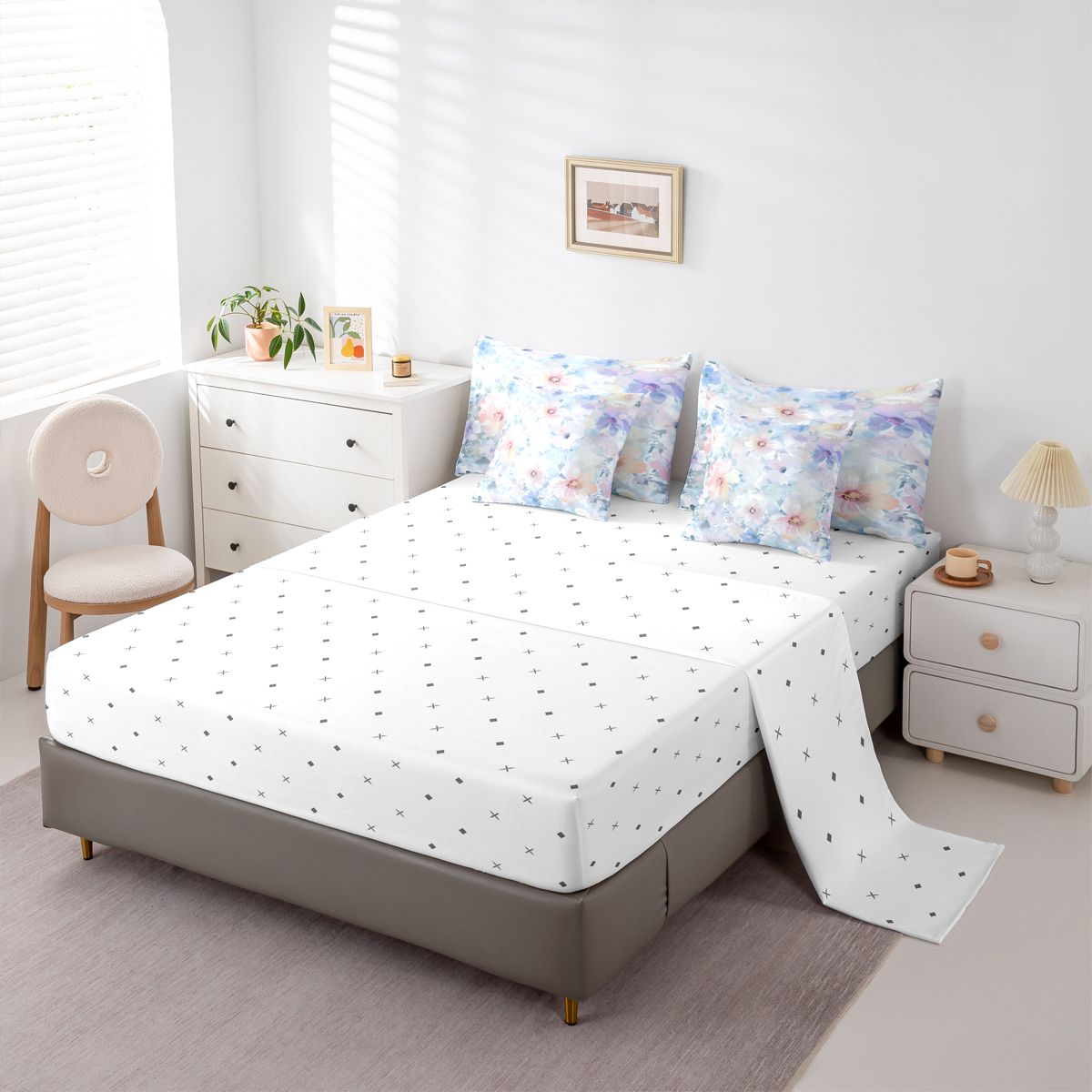 Homewish Graffiti Rustic Floral 7 Pieces Bedding Comforter Set,Spring Natural Theme Full Bedding Set,Blue Flower Fitted Sheet Flat Sheet For Girls Boys,Luxury Bedroom Decor Reversible