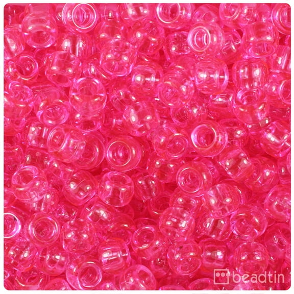 BeadTin Medium Pink Transparent 9mm Barrel Pony Beads (500pcs)