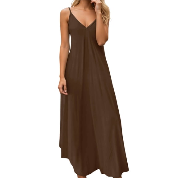 DHFJKG Summer Maxi Dresses For Women Spaghetti Strap Flowy Casual V Neck Beach Dress Vacation Travel Outfits Stylish Dresses