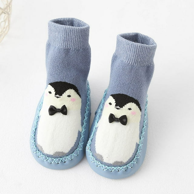 NOKIO Childrenās Cozy Non-Sliš Sock Shoes for Autumn Winter, Boys Girls Toddler Flat Sole Warm Cartoon Panda Rabbit Penguin Animal Pattern with Colorblock Design