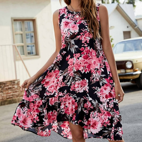 FcBaudy Sleeveless Round-Neck Dress,Summer Dresses for Women,Womens Dresses Summer Round Neck Sleeveless Short Front Short Back Long Hem Print Casual Loose Dress Women Dress