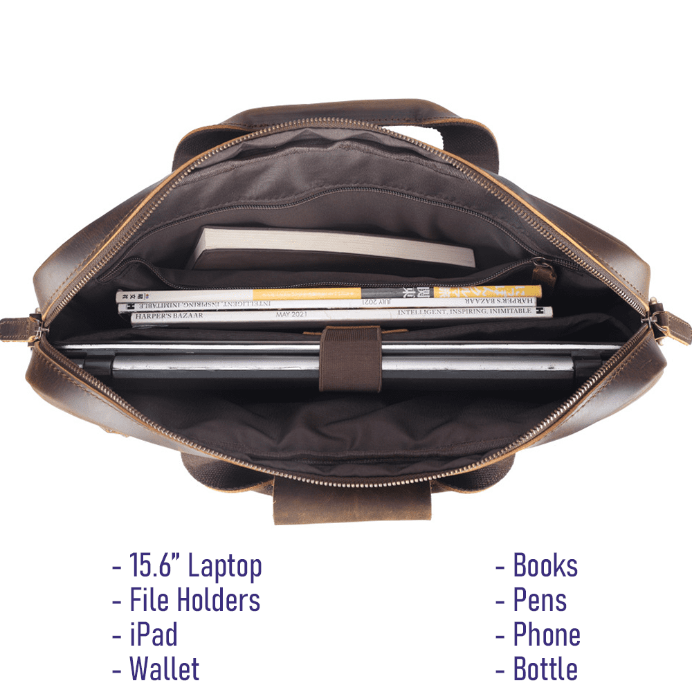STAR VISTA Vittorio Slim Laptop Messenger Bag, Full Grain Leather Briefcase for Men, Dark Brown, Fits 15.6" Laptop, YKK Zippers, Brass Hardware