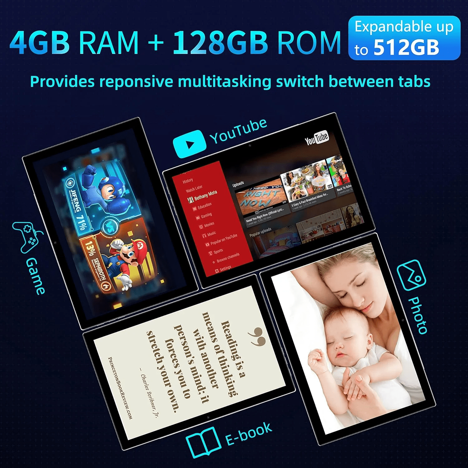 BYBBUO 10.1 Inch Android 12 Tablet - 4GB RAM, 128GB Storage, Expandable to 512GB, Full HD IPS Touchscreen, GMS Certified, 7000mAh Battery