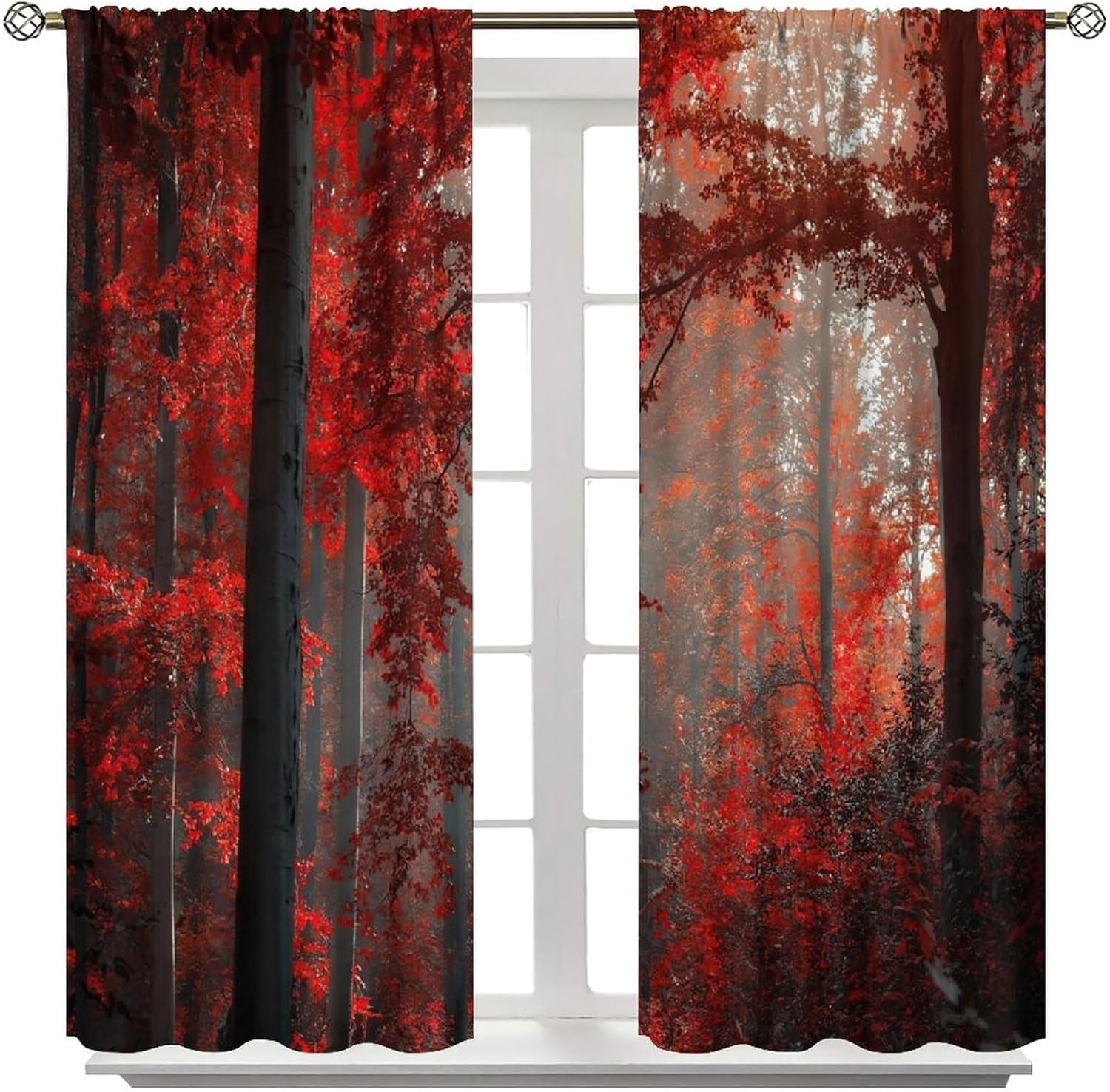 Red Maple Forest Curtains, Natural Scenery Forest Trees and Grass Pattern Printed Window Treatments for Bedroom Living Room Thermal Insulation Curtains 42x63 Inch