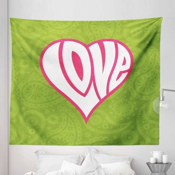 Retro Tapestry, Heart Illustration on Paisley Background Centre of Love Nutrient Retro Design, Fabric Wall Hanging Decor for Bedroom Living Room Dorm, 5 Sizes, Green White Pink, by Ambesonne