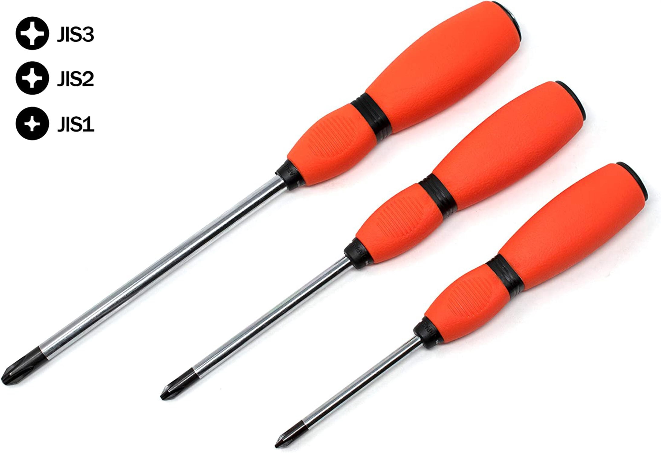 JIS (Japanese Industrial Standard) Screwdriver 3-Piece Set JIS No. #1, 2, 3 Cross Point Soft Grip Rubber Handle Made in Japan Large Medium Small Full Tang Solid Shaft 0159-101/102/103