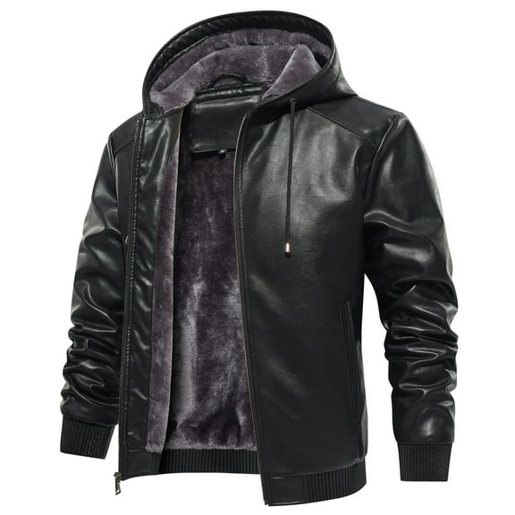 MANSDOUR Men's Faux Leather Jacket Winter Warm Fleece Lined Motorcycle Bomber Jacket with Hood Black L