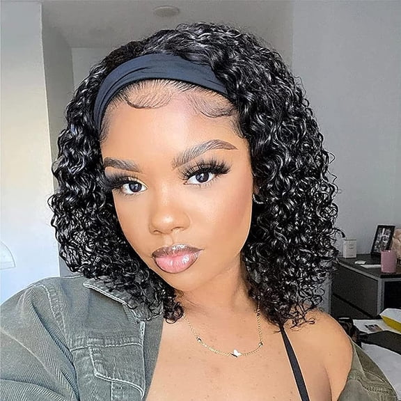 JOFMWIX Deep Wave Headband Wig Human Hair 12inch None Lace Front Wigs Brazilian Virgin Hair Machine Made Wigs Glueless Deep Curly Wave Headband Half Wigs for Black Women Human Hair Natural Color