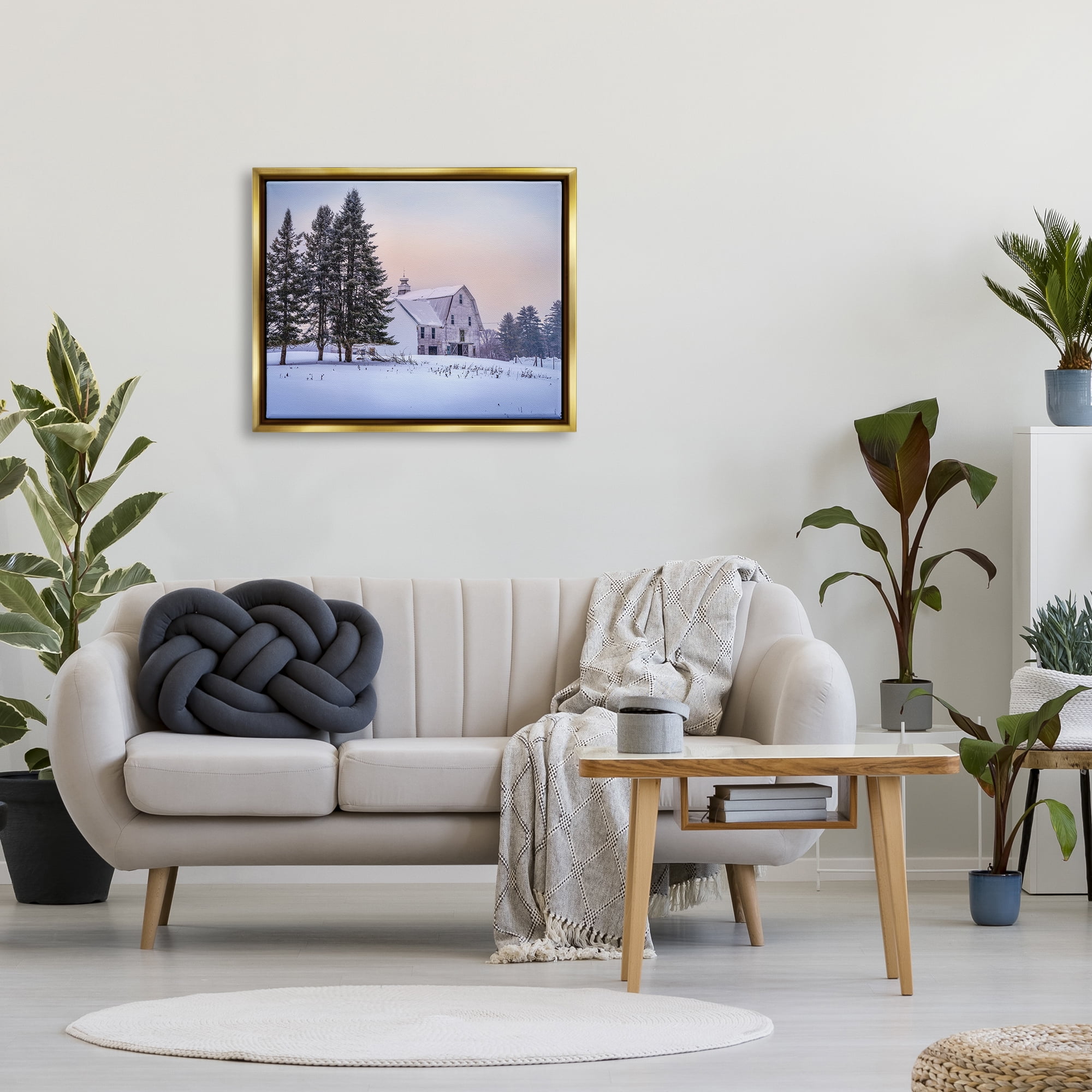 Stupell Industries Winter Farmhouse Snow Landscape Landscape Photography Gold Floater Framed Art Print Wall Art