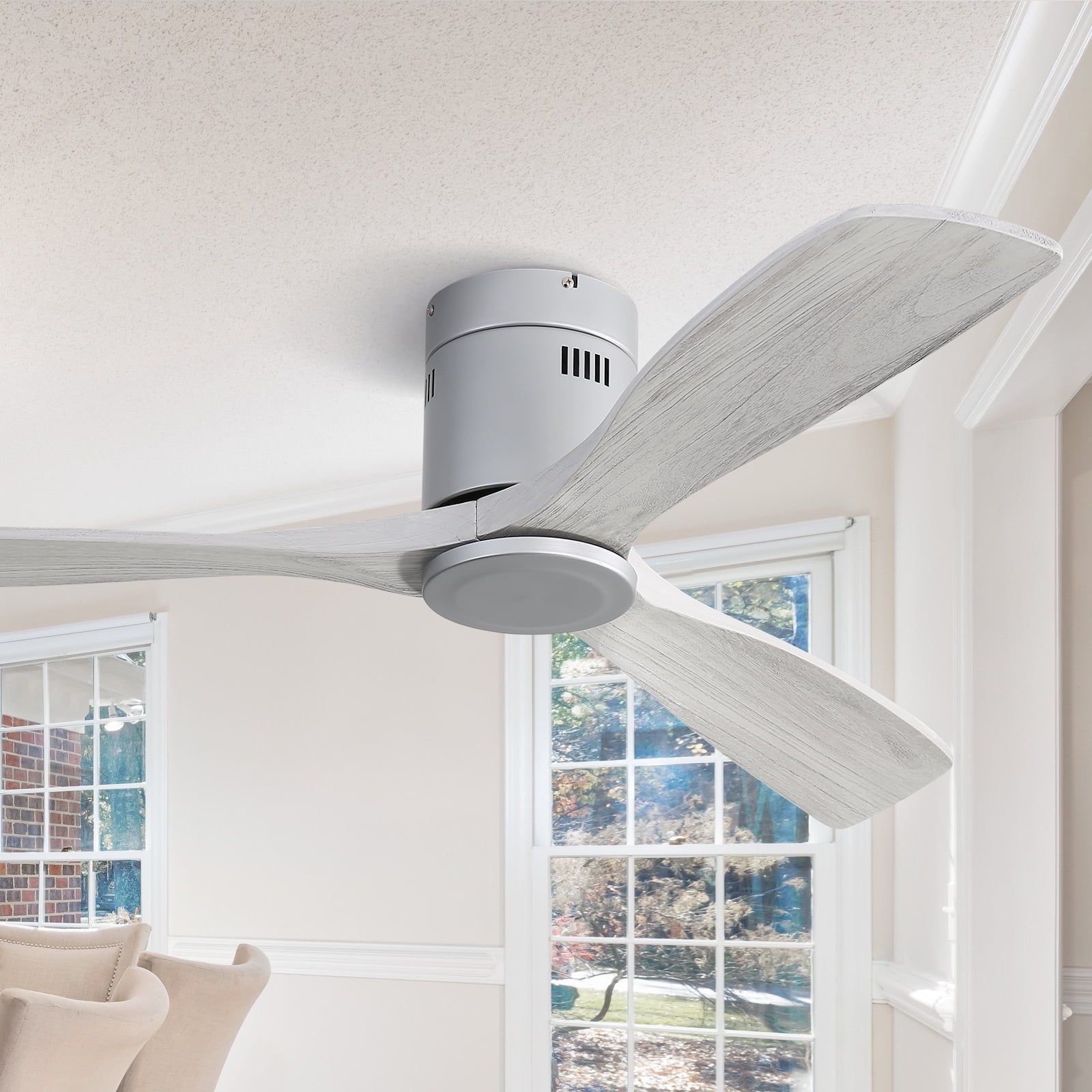 Sofucor 52 Inch Ceiling Fan Without Lights Flush Mount Ceiling Fan with Remote Control, Wood Blades , Silver