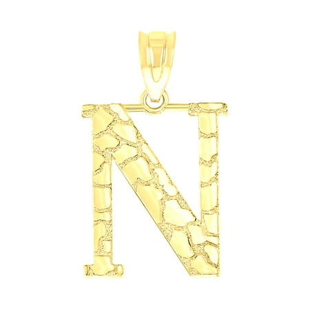 10k Yellow Gold Unisex Nugget Initial N Charm Pendant for Men Women