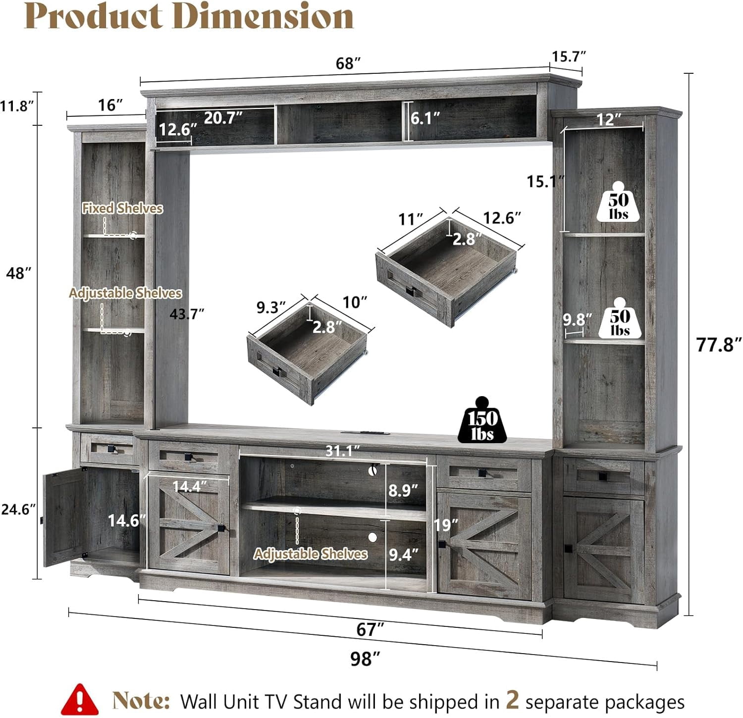 VANACC 98" Farmhouse TV Stand, Rustic Entertainment Center with Barn Door & Charging Station, Grey