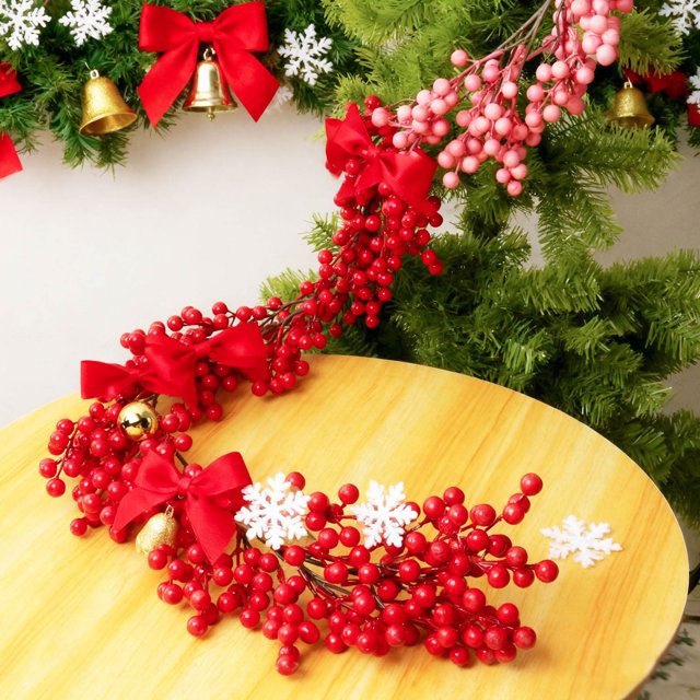 Fesfesfes Guirlande Artificielle de Baies Rouges pour Cheminée Intérieure Extérieure Décoration de la Saint-Valentin pour Mariage Fête Escaliers Table Cheminée Manteau