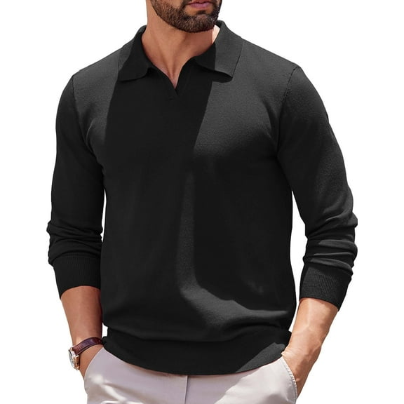 COOFANDY Long Sleeve Polo Shirts for Men Knit Polo Sweater Lightweight Ribbed Pullover Sweater