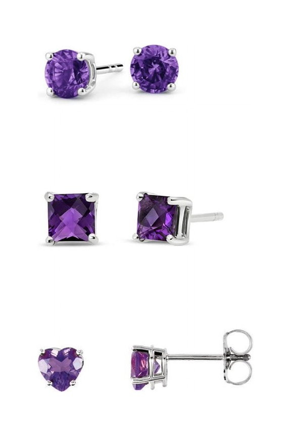 18k White Gold Plated 6mm Created Amethyst 3 Pair Round, Square And Heart Stud Earrings