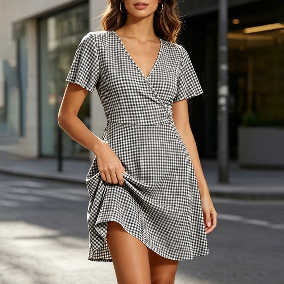 SOOMLON A Line Dress for Women Plus Size Plaid Wrap Dress Short Sleeve V Neck Mini Dress Boho Vacation Beach Clothes