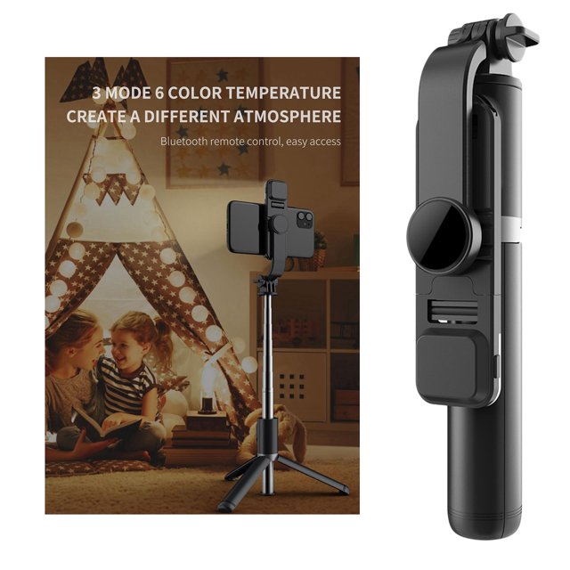 Trípode para teléfono Selfie Stick, todo en ampliable y amp; Palo Selfie portátil en trípode con control remoto inalámbrico para transmisión en vi Negro + Luz de relleno Soledad selfie trípode bluetooth
