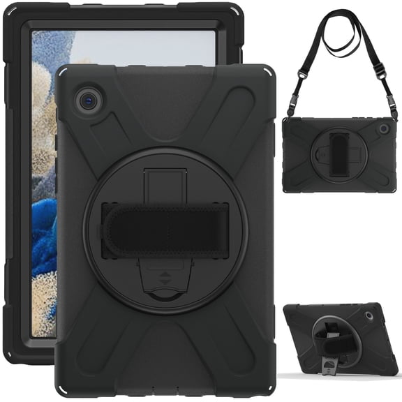 For Samsung Galaxy Tab A8 Case 10.5 inch SM-X200/X205/X207, 360 Hand Strap, Shoulder Strap, Kickstand, Rugged Drop Protection, Black