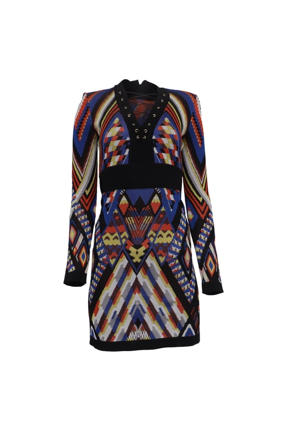 Pre-Owned Balmain Tribal-Patterned Lace Up Mini Dress in Multicolor Viscose