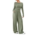 thumbnail image 2 of Women'S 2 Piece Matching Lounge Set Long Sleeve Boat Neck Top Wide Leg Pants Casual Sweatsuit Bean Green L, 2 of 9