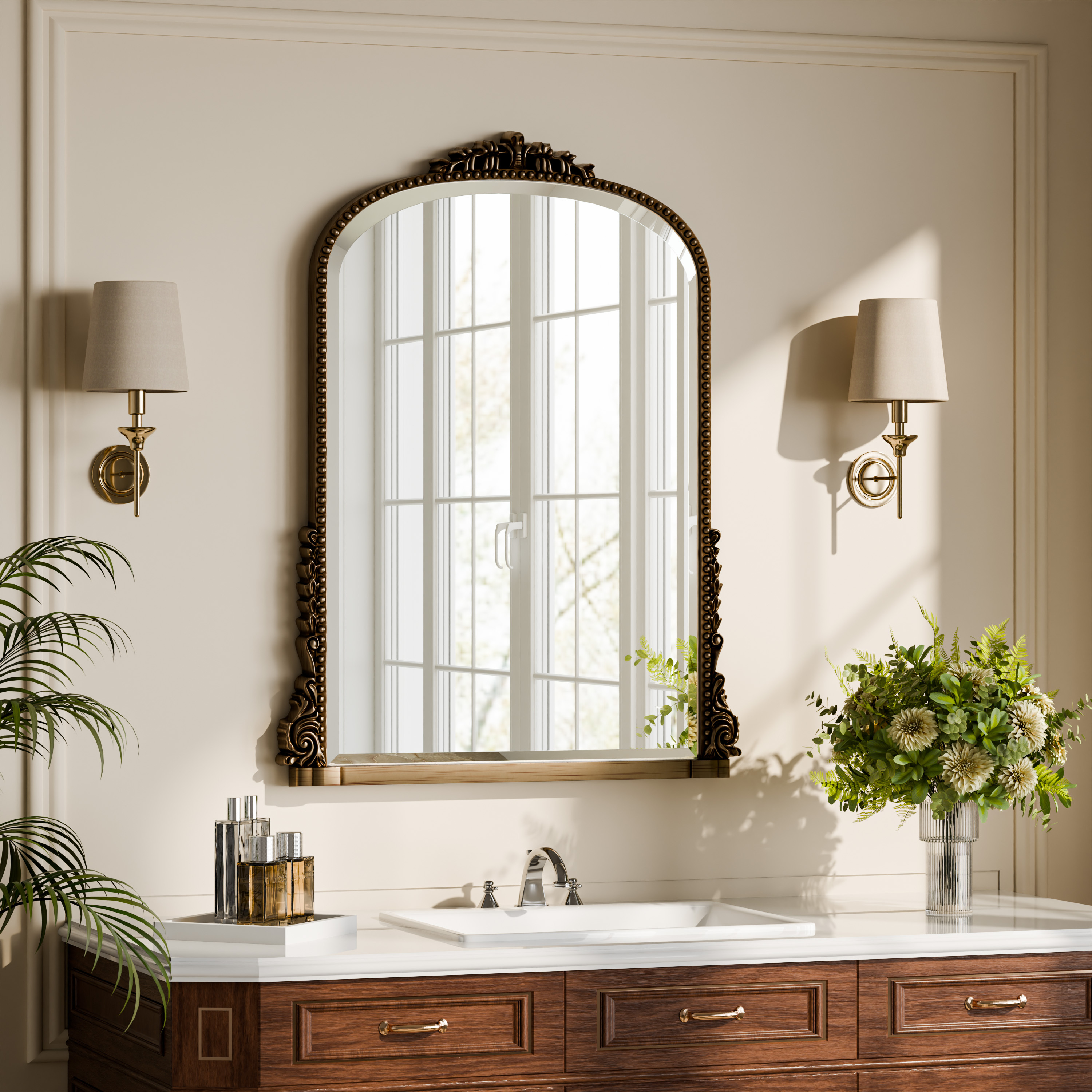 GRAHMCY 32"x 24" Arched Bathroom Mirror Hanging Vanity Mirror Decor Wall Mirror, Antique Bronze
