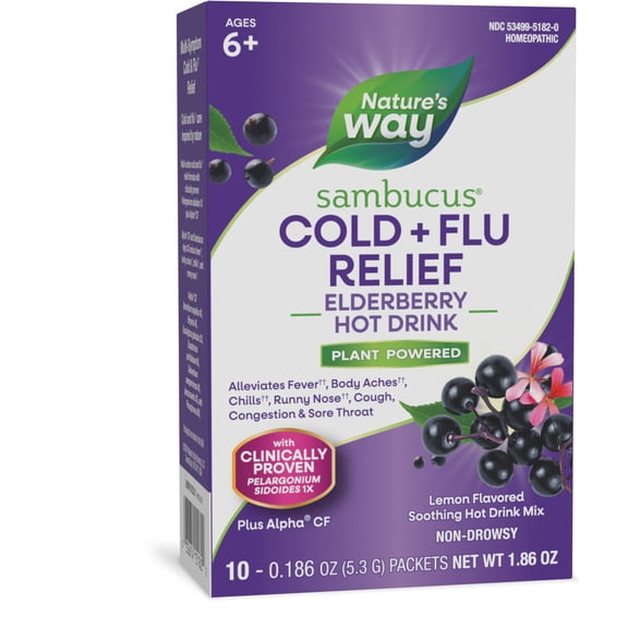 Nature's Way Sambucus Cold Flu Relief Elderberry Hot Drink Packets, Lemon-Flavored, 10 Count