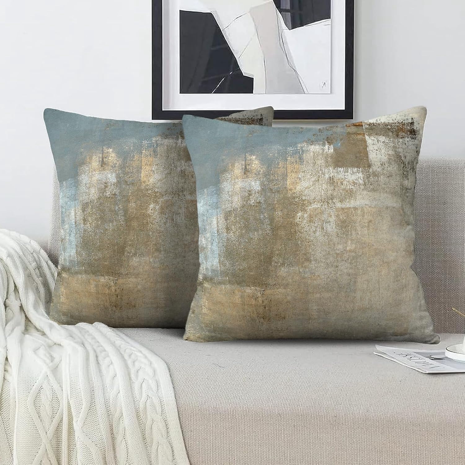 LALILO Grey and Beige Abstract Art Contemporary Pillow Cover, Modern Cushion Cover 18 x 18 Inch 2Pcs