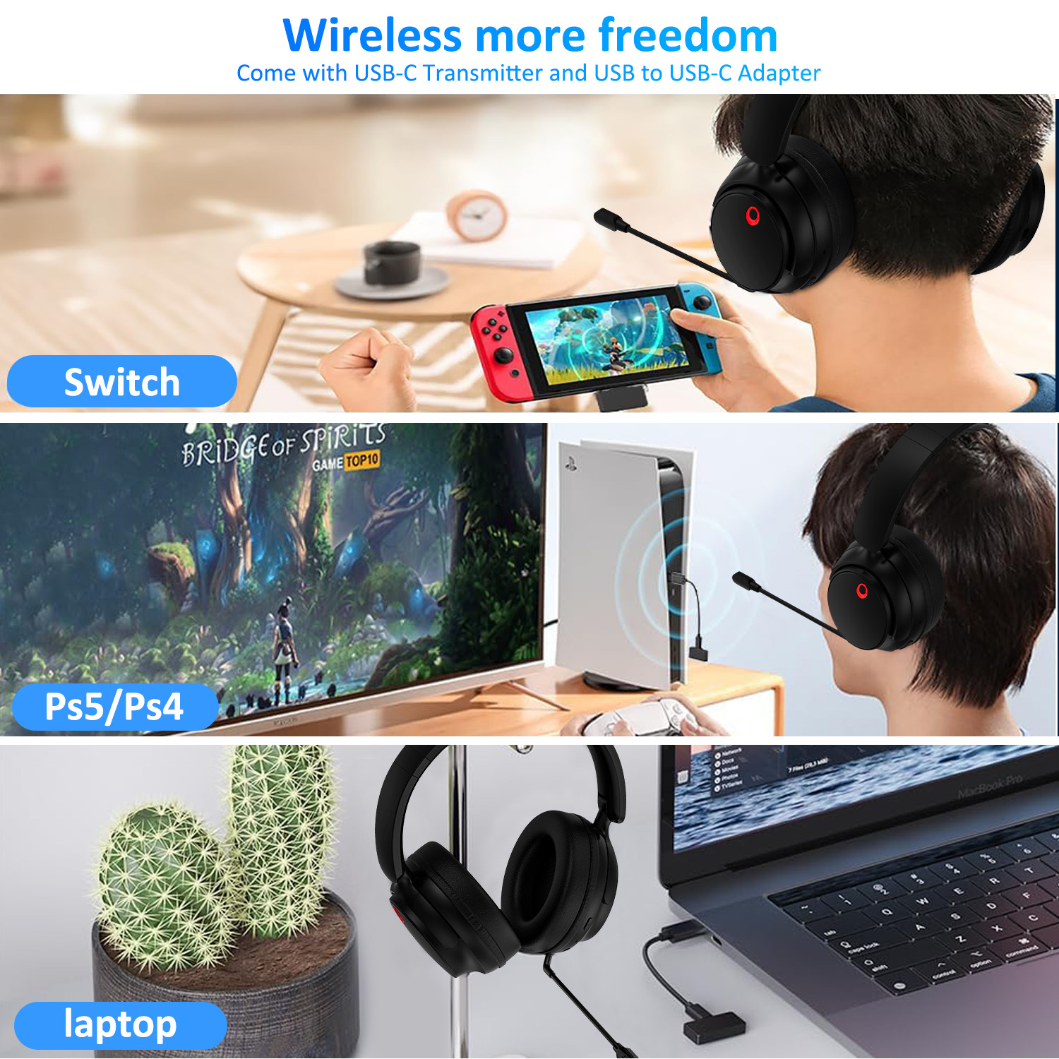 Wireless Gaming Headset,AILKIN 48Hrs PC Gaming Headset with Mic for PS5 PS4 Switch with Bluetooth+2.4 GHz+USB Gaming Headphones Noise Canceling Microphone,Wired Gaming Headset for Xbox Series,Black