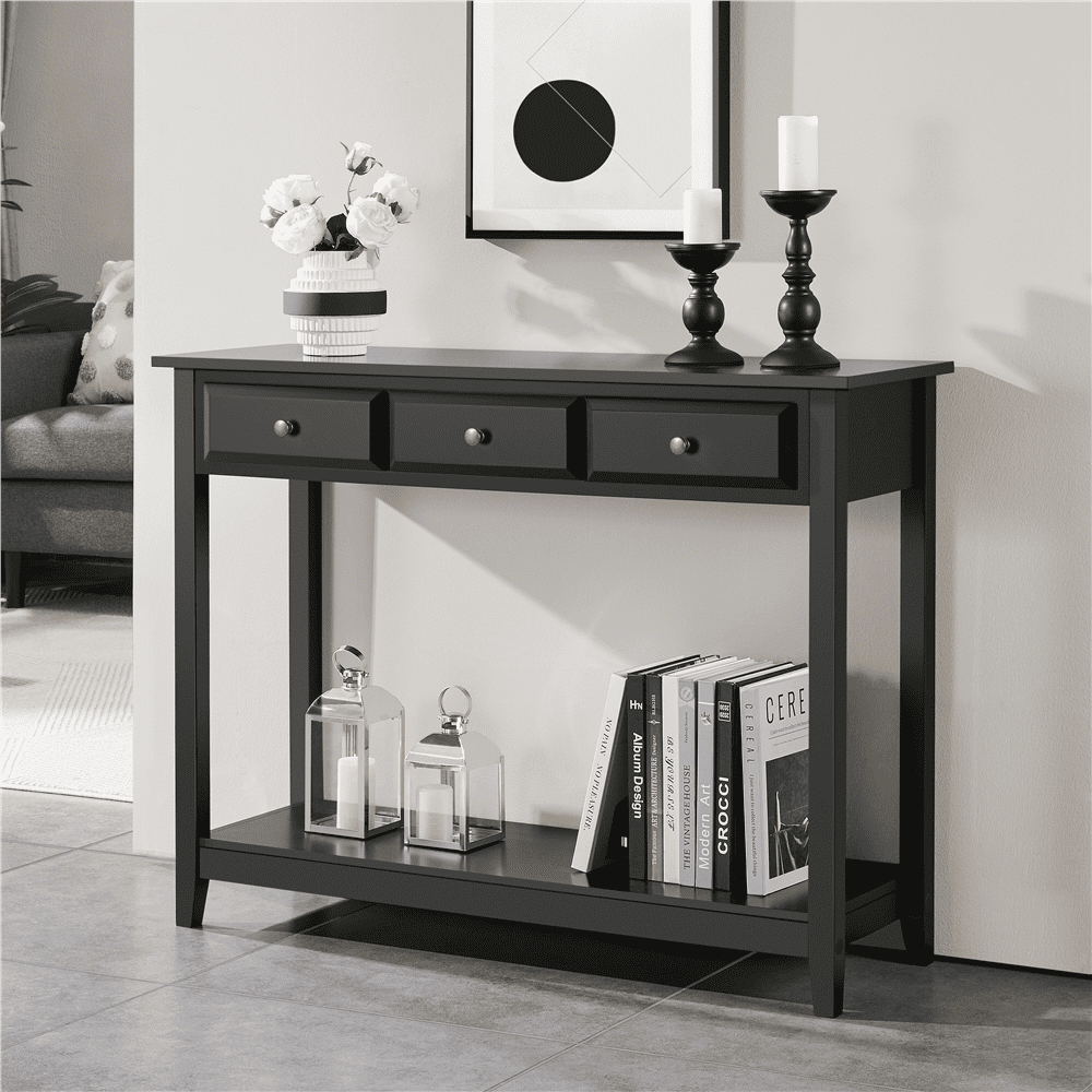 Yaheetech 3-Drawer Wooden Console Table Entryway Table with Storage Shelf Pine Wood Legs, Black