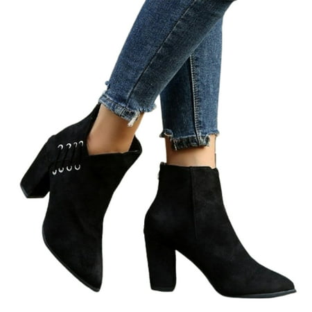 

jsaierl Fashion Women Casual Suede Thick Heel Pointed Bare Boots Back Zipper Solid High Heel Shoes