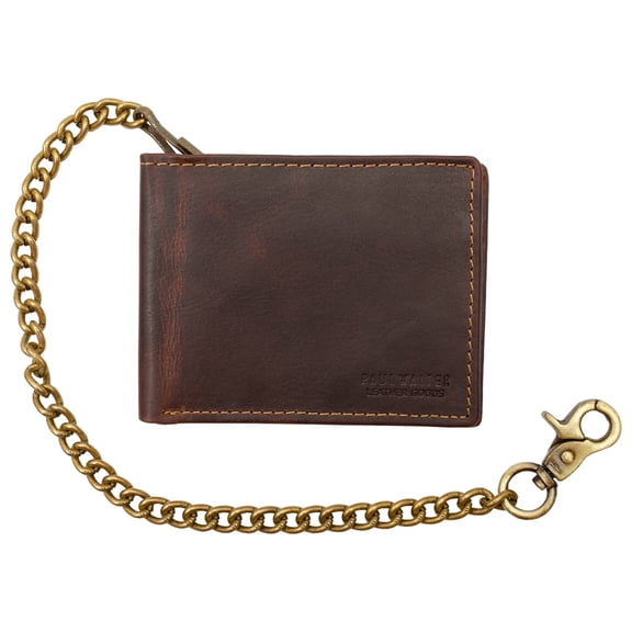 Men Biker Long Chain Trifold Wallet in Vintage Hunter Leather