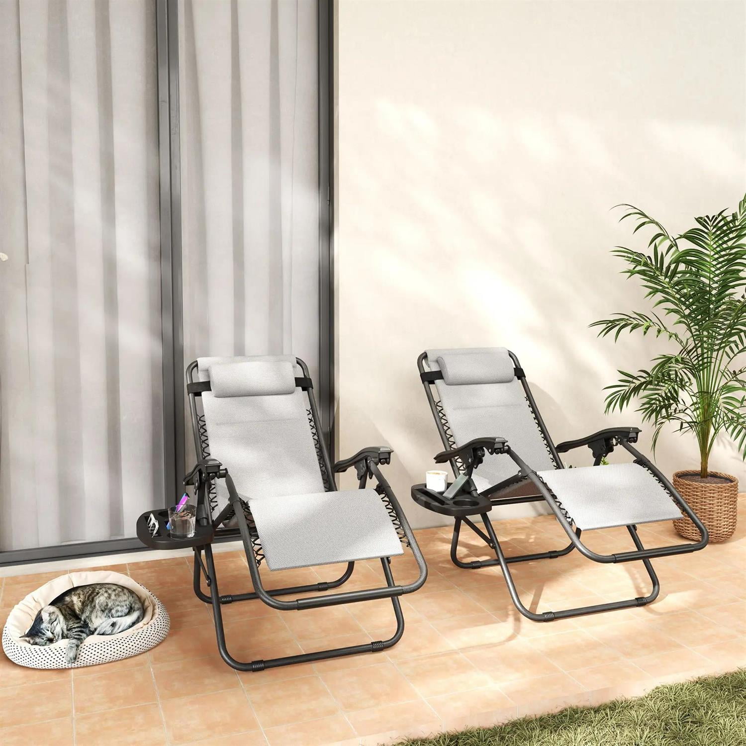 Demi Bonn Zero Gravity Lounge Chair Set, 2 Pieces Reclining Folding Outdoor Lounge Chairs with Headrest Side Tray for Porch, Balcony, Poolside, Gray